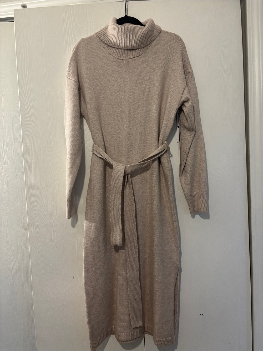 Rachel Zoe Taupe Turtleneck Belted Knit Midi Dress